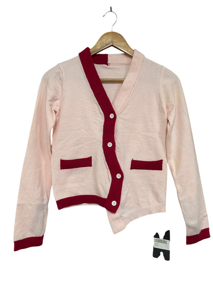 PINKEEN |S| BUST 15| A63| LIGHT PINK AND RED CONTRAST-TRIM ASYMMETRIC TECHNICAL UTILITY CARDIGAN