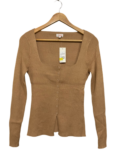 LILY LOVES |S| BUST 15| A63| BROWN SQUARE-NECK RIBBED BUTTON-FRONT TECHNICAL UTILITY CARDIGAN