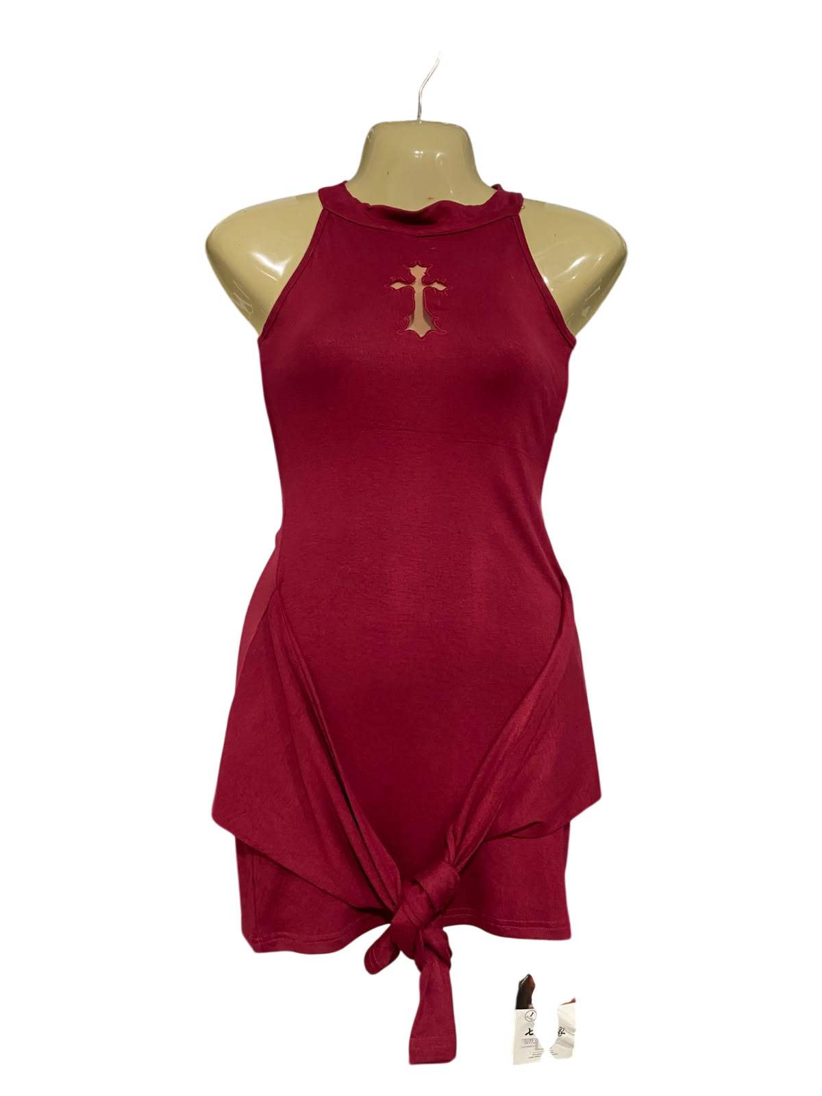 |S| BUST 15| A63| BURGUNDY CROSS-CUTOUT KNOT-DETAIL TECHNICAL UTILITY DRESS