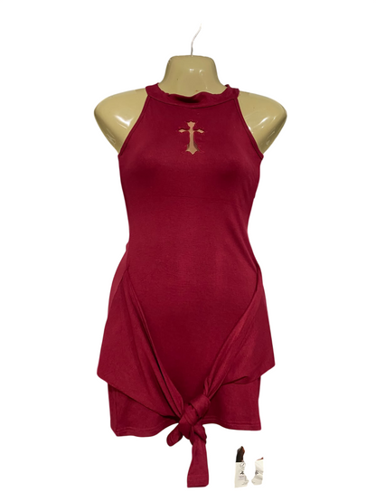 |S| BUST 15| A63| BURGUNDY CROSS-CUTOUT KNOT-DETAIL TECHNICAL UTILITY DRESS