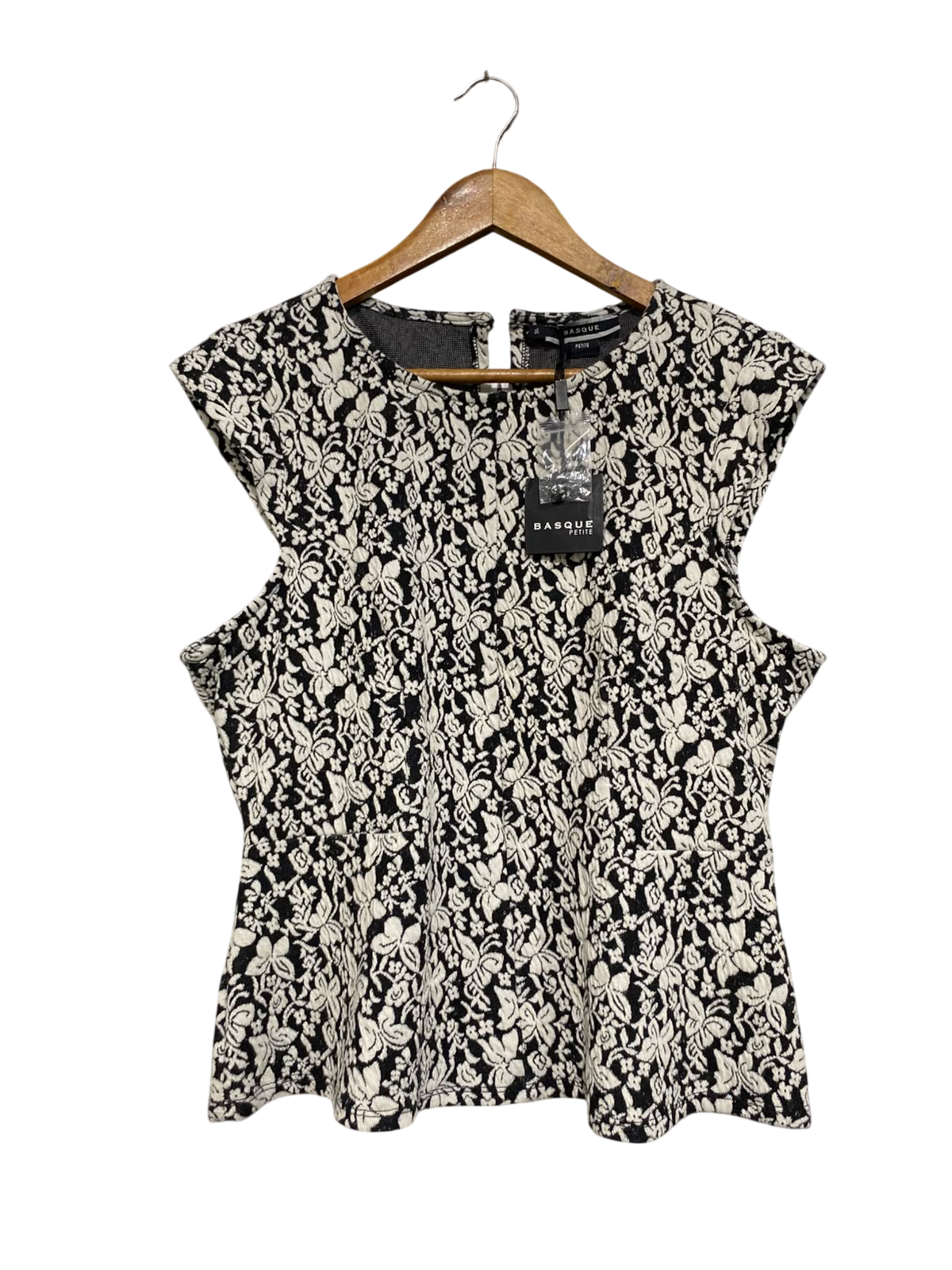 BASQUE |M| BUST 19| A63| BLACK AND WHITE FLORAL BROCADE TECHNICAL UTILITY PEPLUM TOP