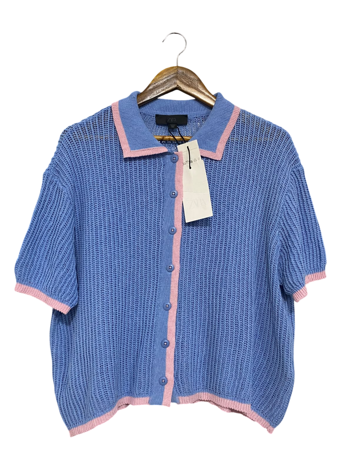 ZARA |M| BUST 22| A63| BLUE AND PINK CONTRAST-TRIM TECHNICAL UTILITY POLO CARDIGAN