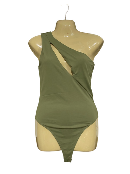 GLASSONS |M| BUST 15| A63| OLIVE GREEN ASYMMETRIC CUTOUT TECHNICAL UTILITY BODYSUIT