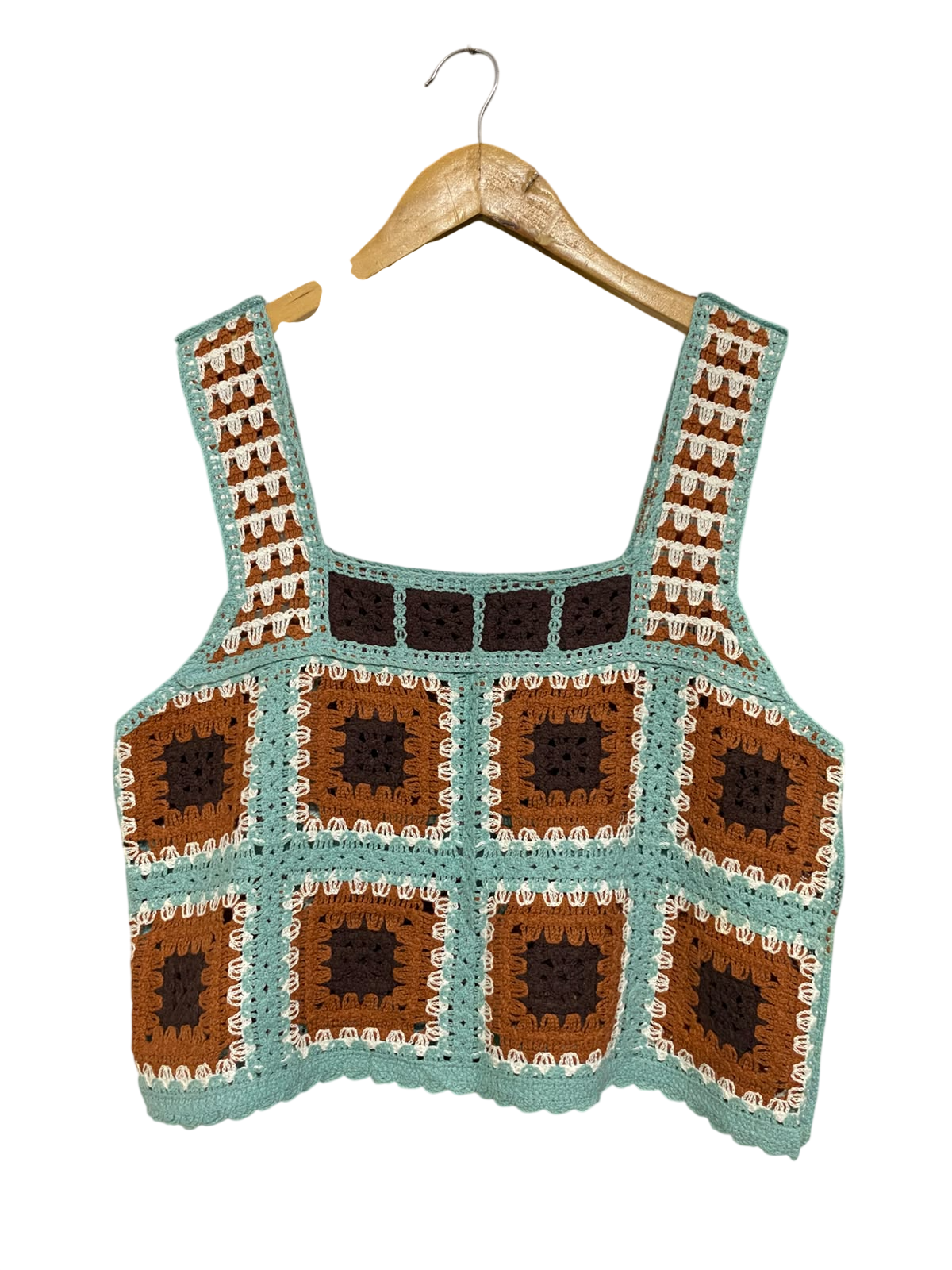 BRANCHING OUT DESIGNS |M| BUST 18| A63| MULTI-COLOR CROCHET SQUARE TECHNICAL UTILITY CROP TOP
