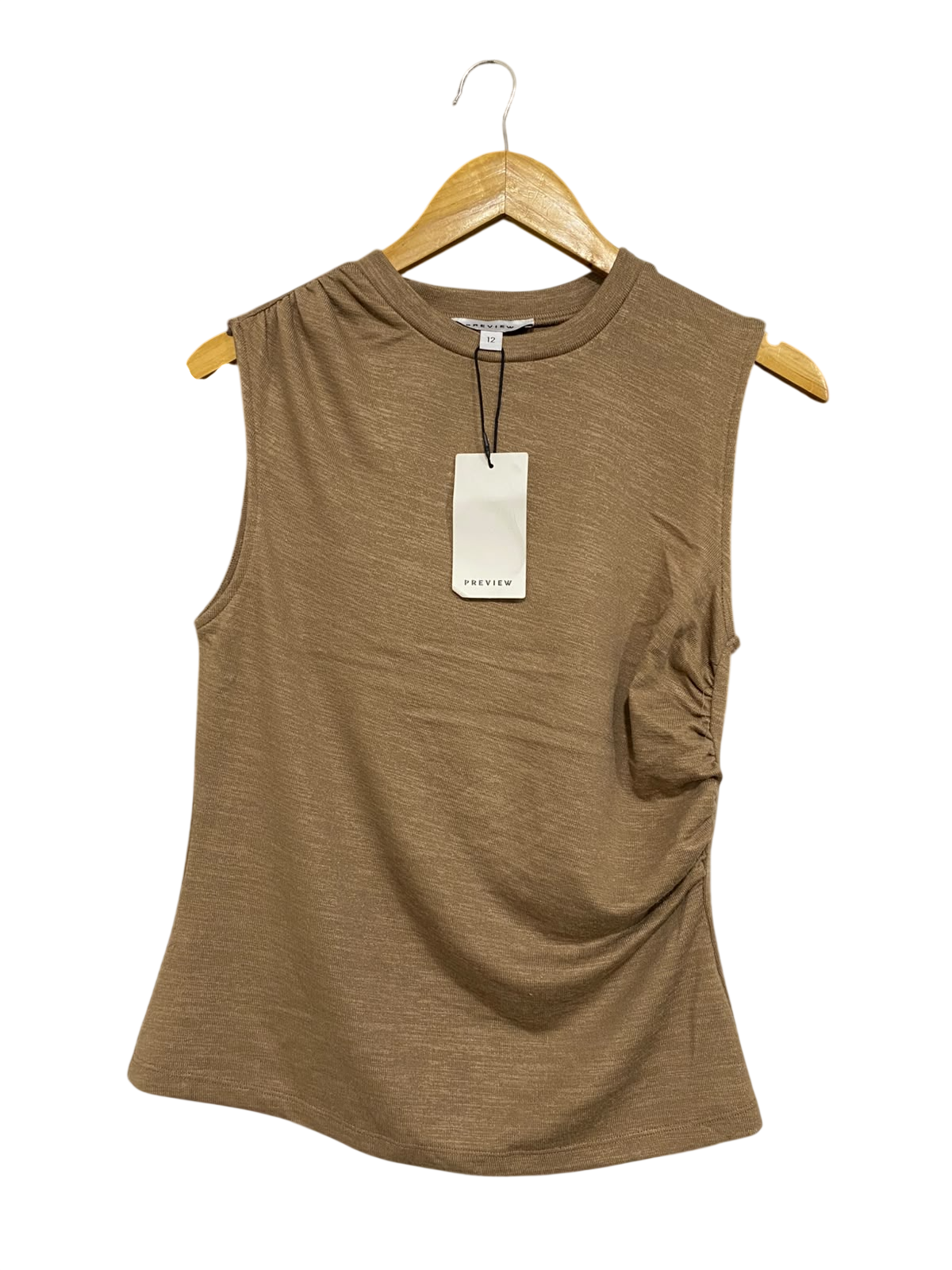 PREVIEW |M| BUST 17| A63| BROWN RUCHED-SIDE TECHNICAL UTILITY TANK TOP