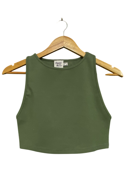 PRINCESS POLLY |S| BUST 13| A63| OLIVE GREEN RIBBED HIGH-NECK TECHNICAL UTILITY CROP TOP
