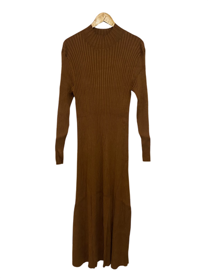 SEED |S| BUST 16| A64| BROWN RIBBED MOCK-NECK LONG-SLEEVE TECHNICAL UTILITY MIDI DRESS