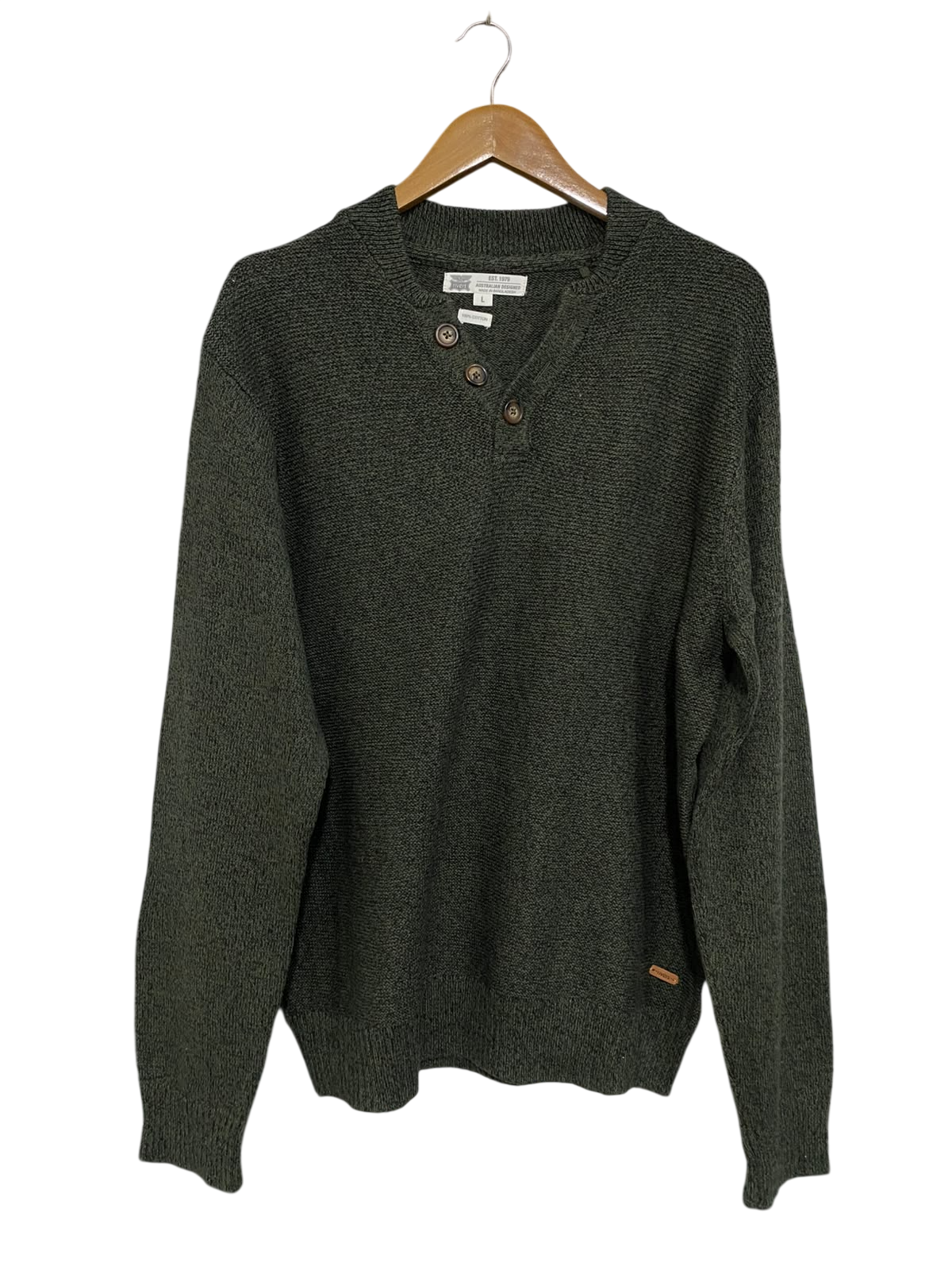 RIVERS |L| BUST 23| A64| DARK GREEN HENLEY-NECK TEXTURED TECHNICAL UTILITY KNIT SWEATER