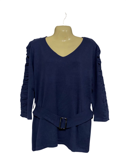 HEINE |M| BUST 20| A64| NAVY BLUE V-NECK RUFFLED-SLEEVE BELTED TECHNICAL UTILITY TUNIC TOP