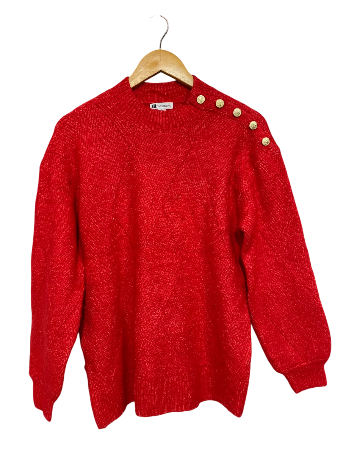 ROCKMANS |S| BUST 20| A64|  RED METALLIC BUTTON-SHOULDER TECHNICAL UTILITY KNIT SWEATER