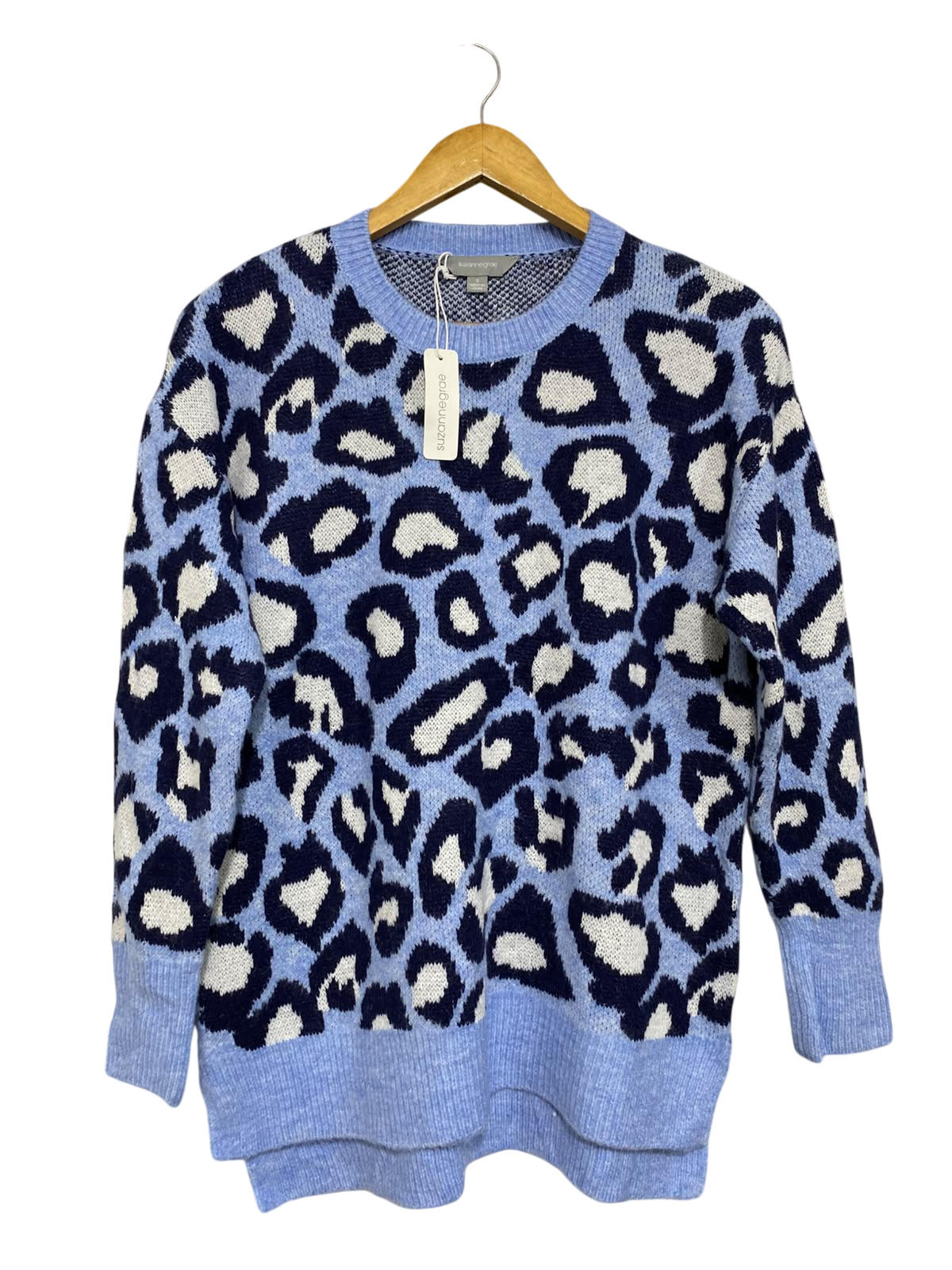 SUZANNEGRAE |S| BUST 21| A64| GRAE BLUE LEOPARD-PRINT TECHNICAL UTILITY KNIT SWEATER