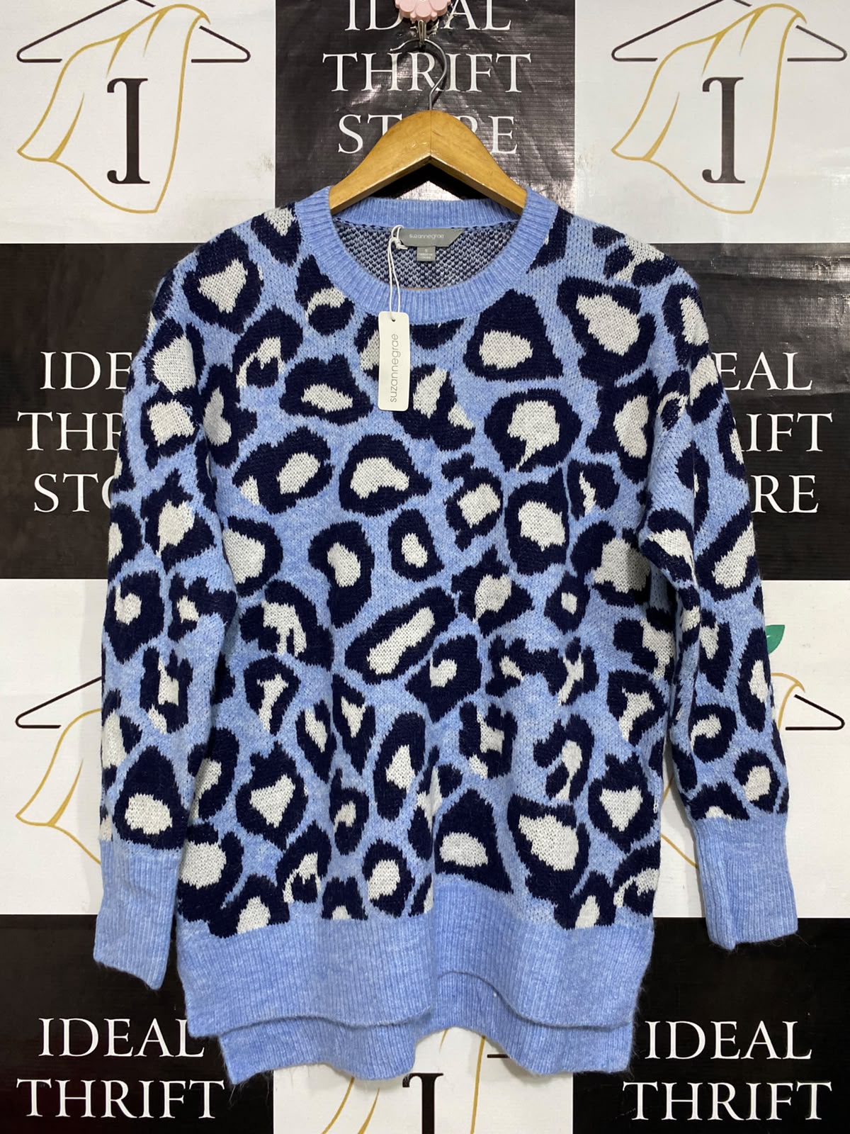 SUZANNEGRAE |S| BUST 21| A64| GRAE BLUE LEOPARD-PRINT TECHNICAL UTILITY KNIT SWEATER