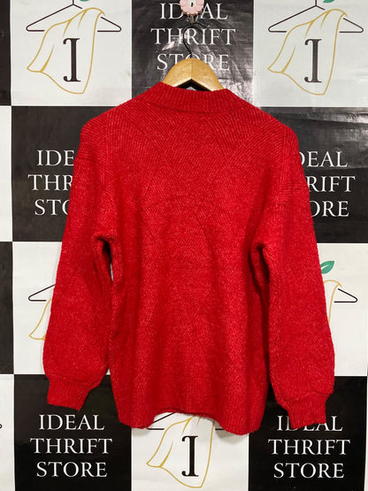 ROCKMANS |S| BUST 20| A64|  RED METALLIC BUTTON-SHOULDER TECHNICAL UTILITY KNIT SWEATER