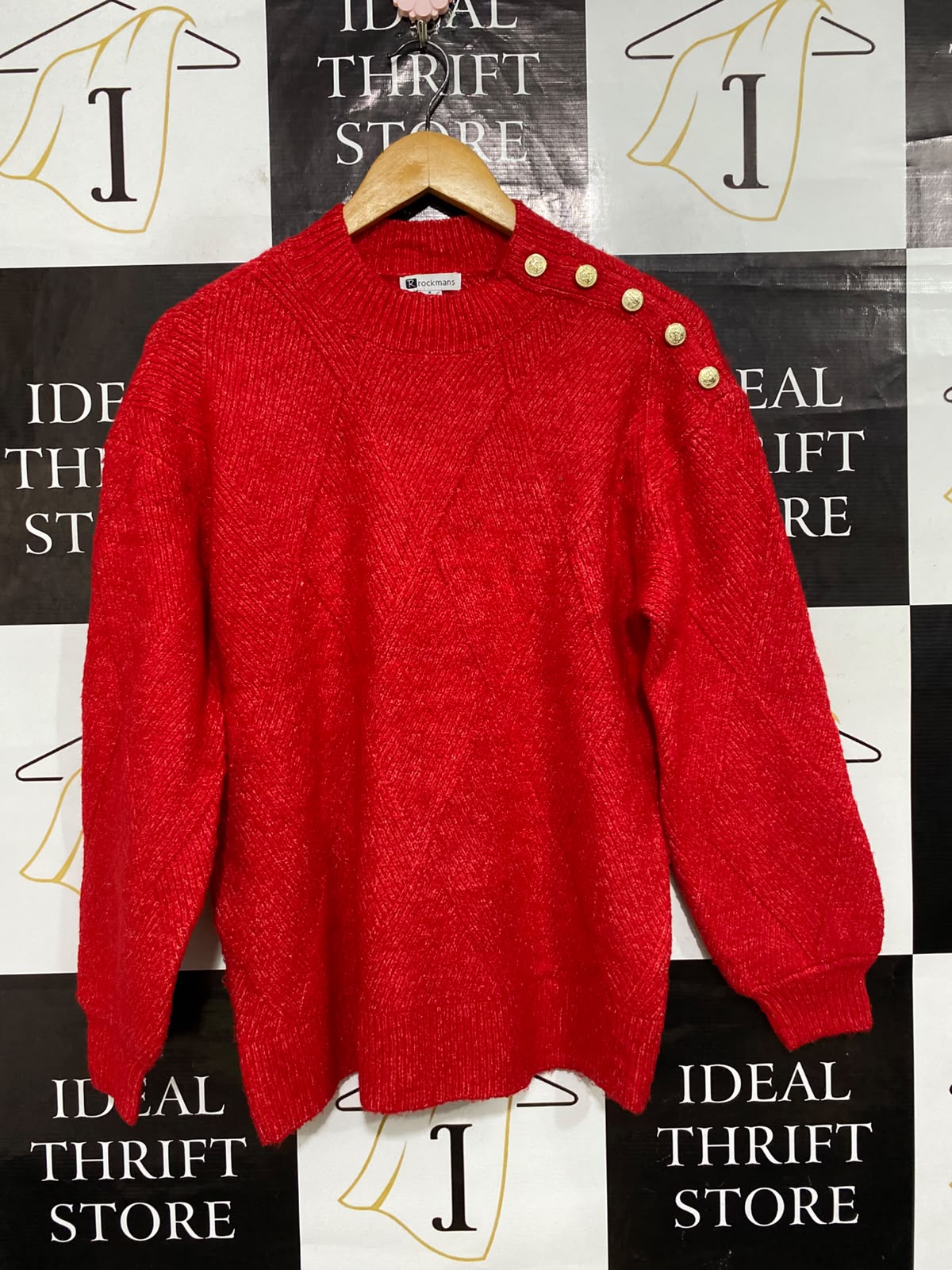 ROCKMANS |S| BUST 20| A64|  RED METALLIC BUTTON-SHOULDER TECHNICAL UTILITY KNIT SWEATER