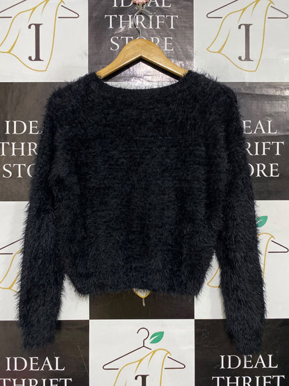 LUVCLOT |S| BUST 18| A64| BLACK FUZZY FLUFFY TEXTURED TECHNICAL UTILITY KNIT SWEATER