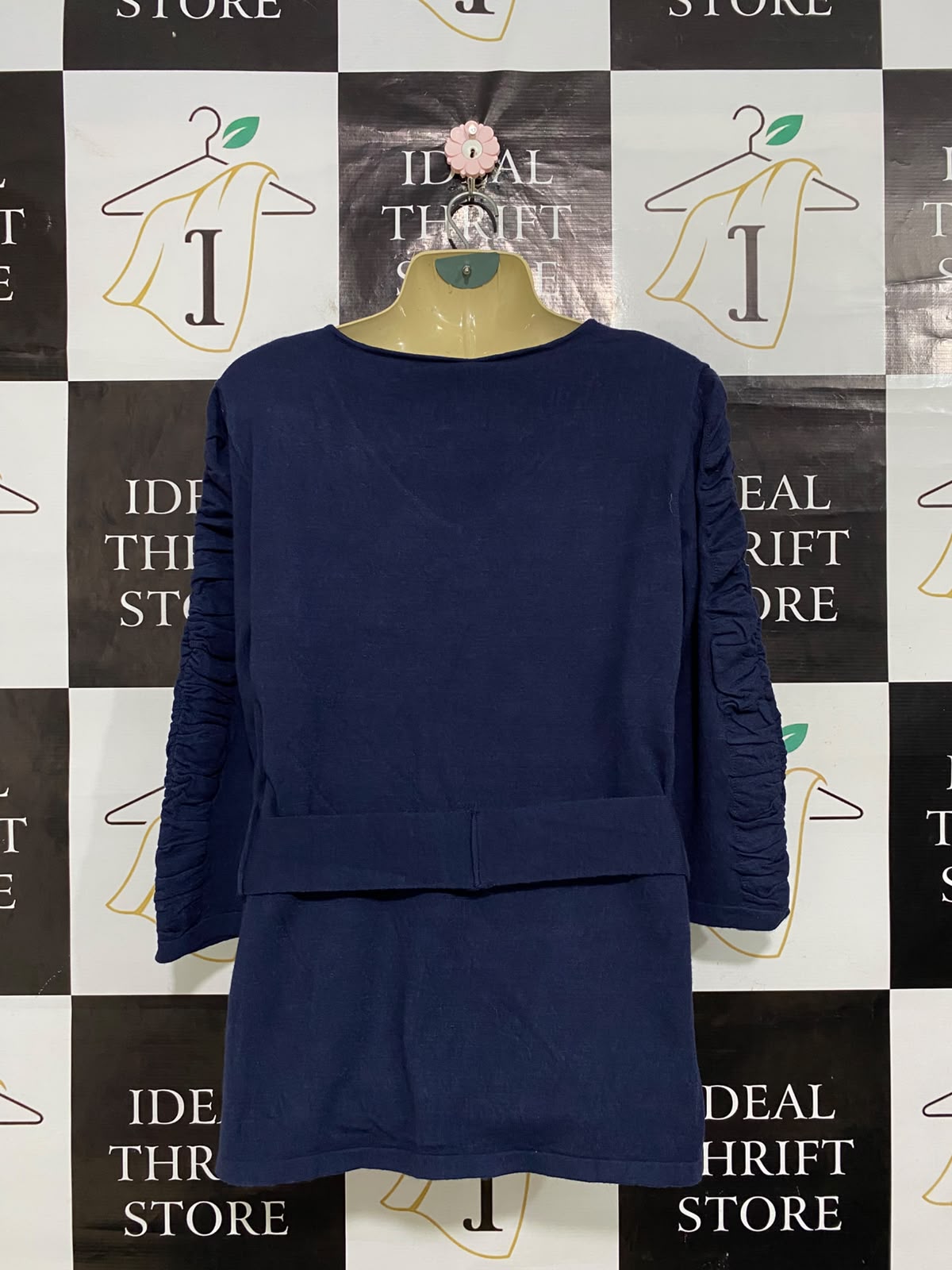 HEINE |M| BUST 20| A64| NAVY BLUE V-NECK RUFFLED-SLEEVE BELTED TECHNICAL UTILITY TUNIC TOP