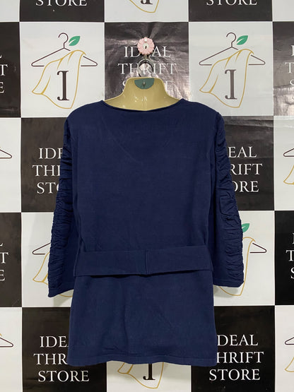 HEINE |M| BUST 20| A64| NAVY BLUE V-NECK RUFFLED-SLEEVE BELTED TECHNICAL UTILITY TUNIC TOP