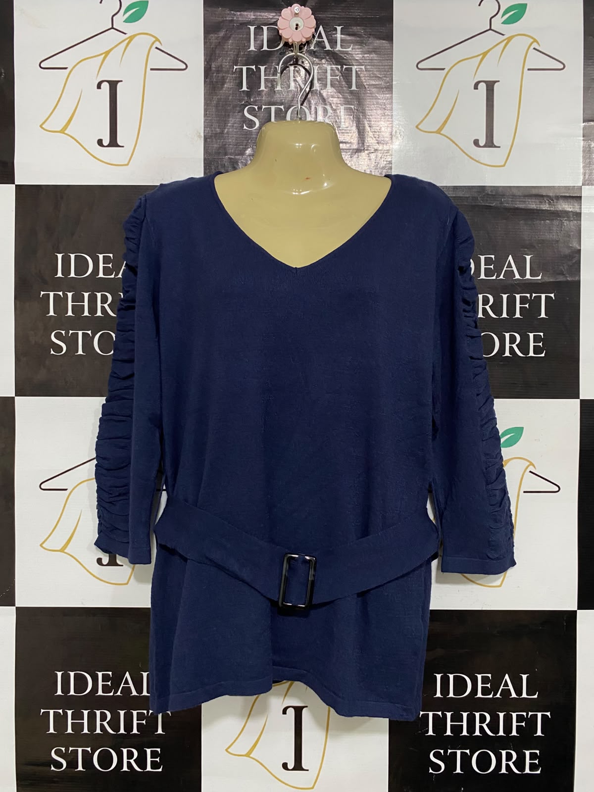 HEINE |M| BUST 20| A64| NAVY BLUE V-NECK RUFFLED-SLEEVE BELTED TECHNICAL UTILITY TUNIC TOP