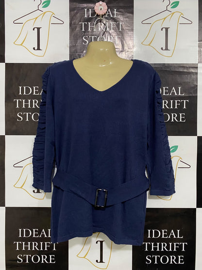 HEINE |M| BUST 20| A64| NAVY BLUE V-NECK RUFFLED-SLEEVE BELTED TECHNICAL UTILITY TUNIC TOP