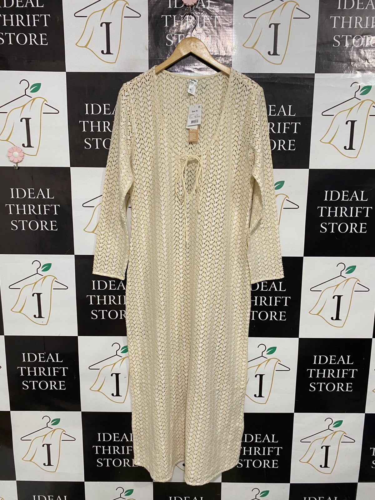 ANKO |L| BUST 20| A64| CREAM OPEN-KNIT TIE-FRONT TECHNICAL UTILITY MIDI DRESS