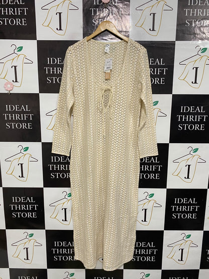 ANKO |L| BUST 20| A64| CREAM OPEN-KNIT TIE-FRONT TECHNICAL UTILITY MIDI DRESS