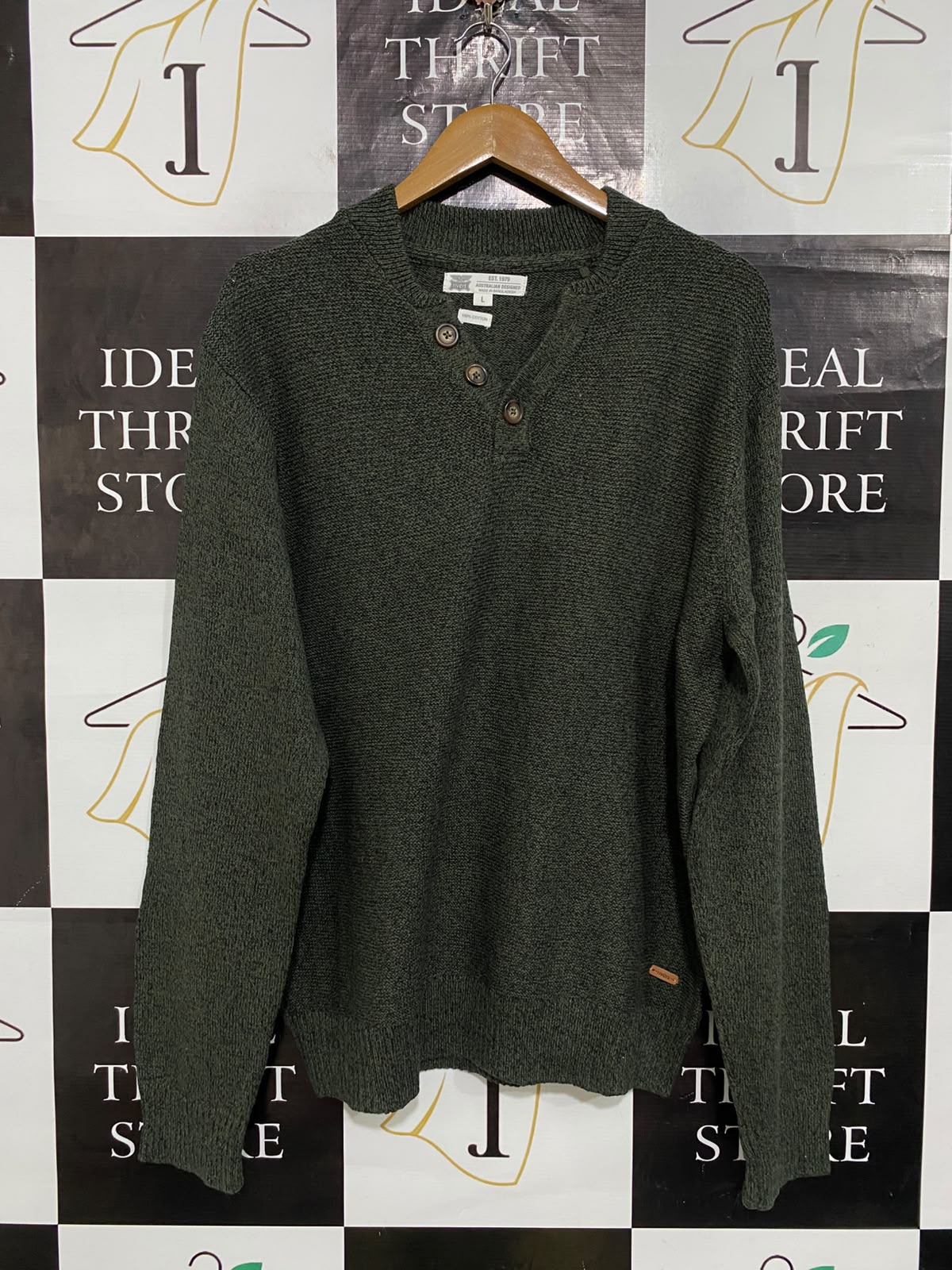 RIVERS |L| BUST 23| A64| DARK GREEN HENLEY-NECK TEXTURED TECHNICAL UTILITY KNIT SWEATER