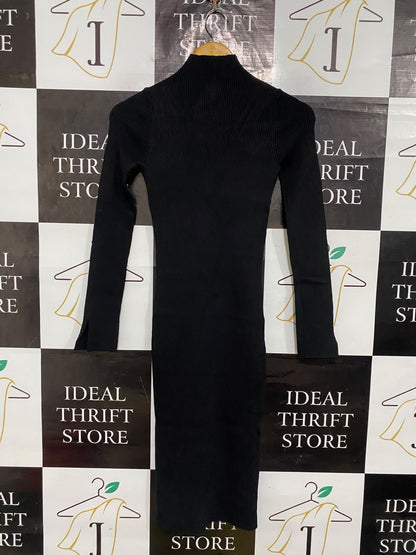 RIVER ISLAND |S| BUST 12|A64| BLACK MOCK-NECK SHOULDER-CUTOUT TECHNICAL UTILITY MIDI DRESS