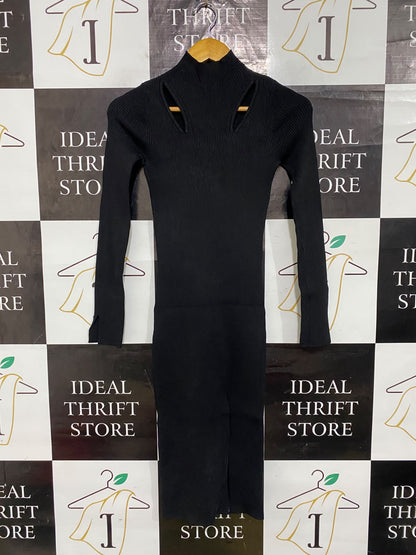 RIVER ISLAND |S| BUST 12|A64| BLACK MOCK-NECK SHOULDER-CUTOUT TECHNICAL UTILITY MIDI DRESS