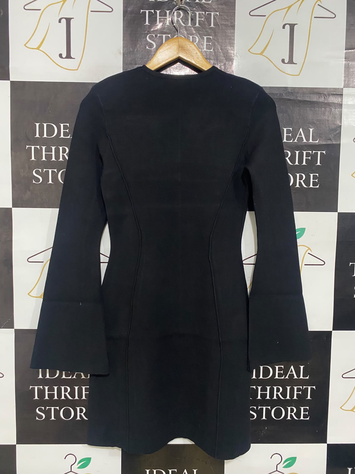 DECJUBA |S| BUST 15| A64| BLACK SEAMED FLARED-SLEEVE TECHNICAL UTILITY DRESS
