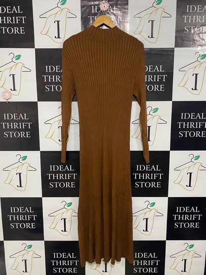 SEED |S| BUST 16| A64| BROWN RIBBED MOCK-NECK LONG-SLEEVE TECHNICAL UTILITY MIDI DRESS
