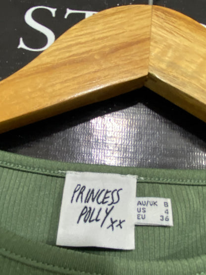 PRINCESS POLLY |S| BUST 13| A63| OLIVE GREEN RIBBED HIGH-NECK TECHNICAL UTILITY CROP TOP