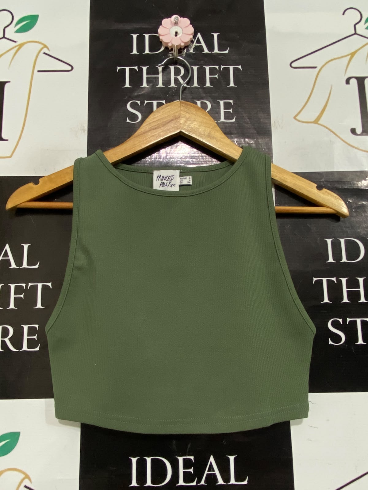 PRINCESS POLLY |S| BUST 13| A63| OLIVE GREEN RIBBED HIGH-NECK TECHNICAL UTILITY CROP TOP