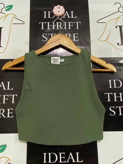 PRINCESS POLLY |S| BUST 13| A63| OLIVE GREEN RIBBED HIGH-NECK TECHNICAL UTILITY CROP TOP