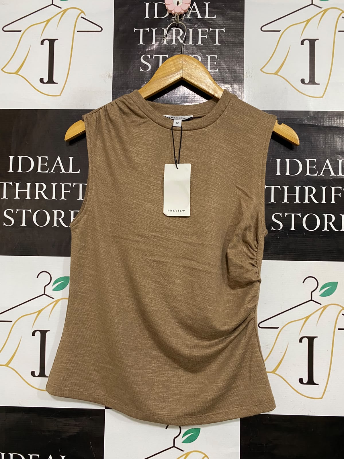 PREVIEW |M| BUST 17| A63| BROWN RUCHED-SIDE TECHNICAL UTILITY TANK TOP