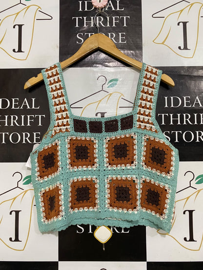 BRANCHING OUT DESIGNS |M| BUST 18| A63| MULTI-COLOR CROCHET SQUARE TECHNICAL UTILITY CROP TOP