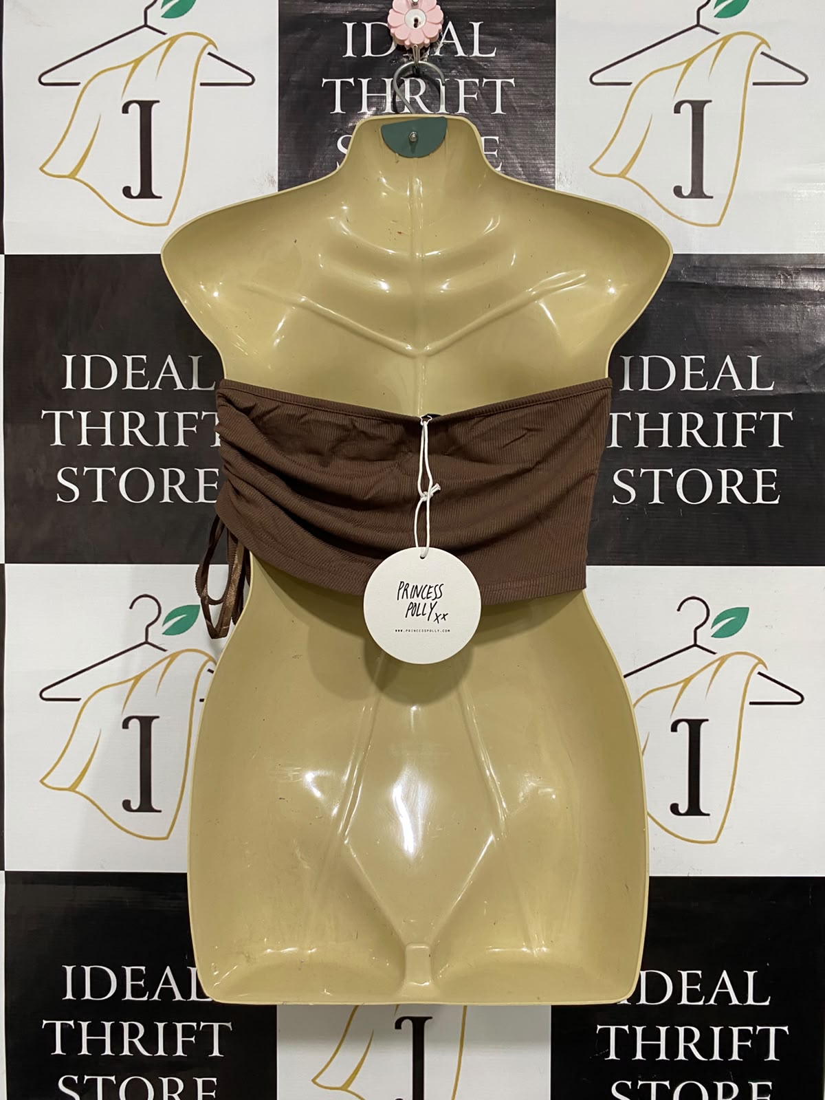 PRINCESS POLLLY |S| BUST 15| A63| BROWN SIDE-RUCHED STRAPLESS TECHNICAL UTILITY TUBE TOP