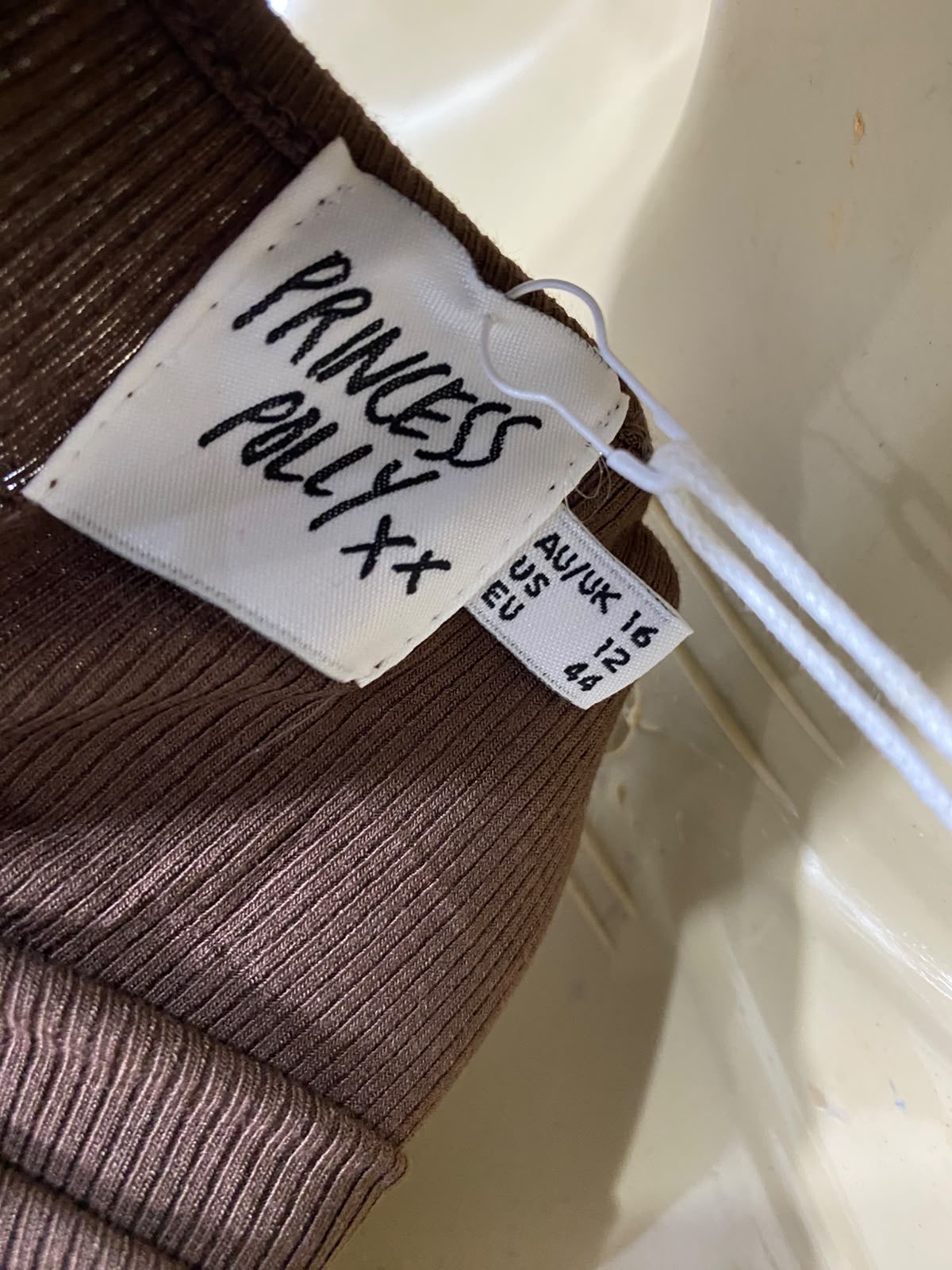 PRINCESS POLLLY |S| BUST 15| A63| BROWN SIDE-RUCHED STRAPLESS TECHNICAL UTILITY TUBE TOP