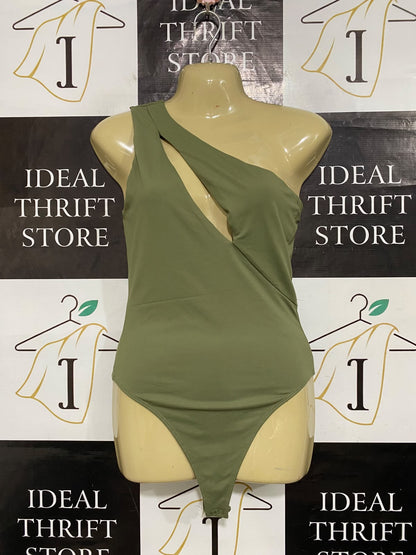 GLASSONS |M| BUST 15| A63| OLIVE GREEN ASYMMETRIC CUTOUT TECHNICAL UTILITY BODYSUIT