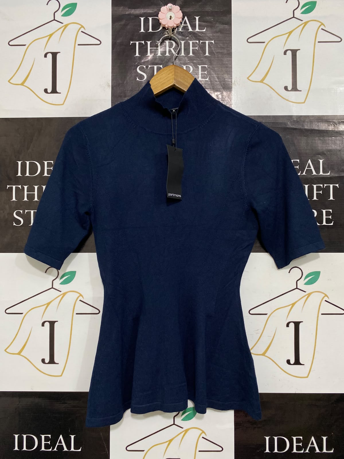 PORTMANS |S| BUST 15| A63| NAVY MOCK-NECK PEPLUM-HEM TECHNICAL UTILITY TEE