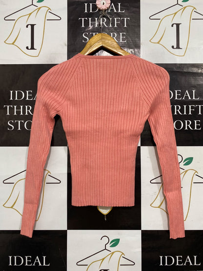 FOREVER NEW |XS| BUST 13| A63| PEACH RIBBED V-NECK TECHNICAL UTILITY SWEATER