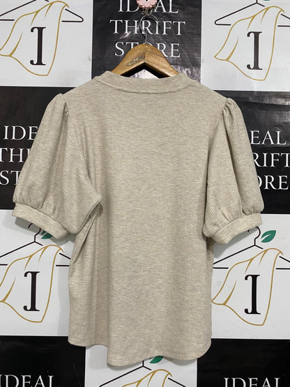 TARGET WOMAN |L| BUST 19| A63| OATMEAL RIBBED PUFF-SLEEVE TECHNICAL UTILITY T-SHIRT