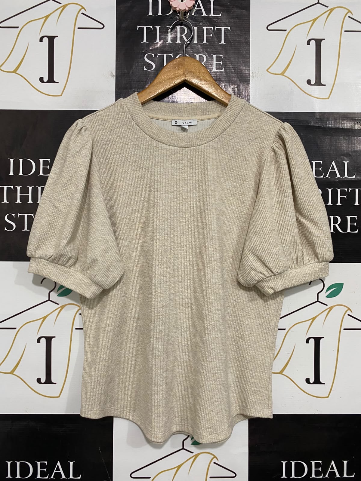 TARGET WOMAN |L| BUST 19| A63| OATMEAL RIBBED PUFF-SLEEVE TECHNICAL UTILITY T-SHIRT