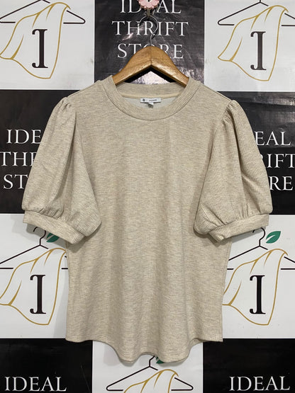 TARGET WOMAN |L| BUST 19| A63| OATMEAL RIBBED PUFF-SLEEVE TECHNICAL UTILITY T-SHIRT