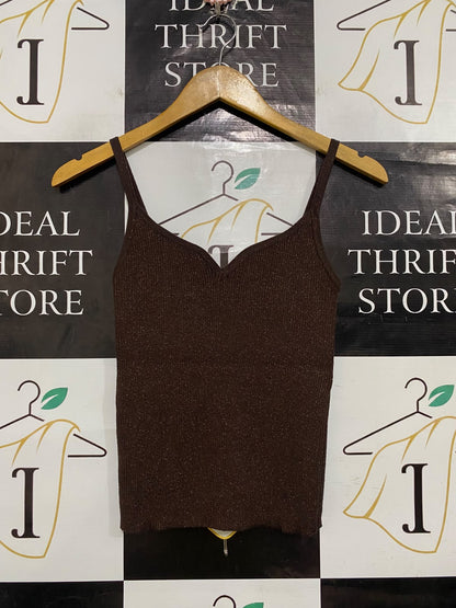 ANKO |XS| BUST 12| A63| BROWN GLITTER RIBBED SWEETHEART TECHNICAL UTILITY CANK TOP