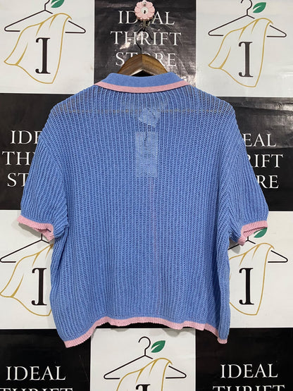 ZARA |M| BUST 22| A63| BLUE AND PINK CONTRAST-TRIM TECHNICAL UTILITY POLO CARDIGAN