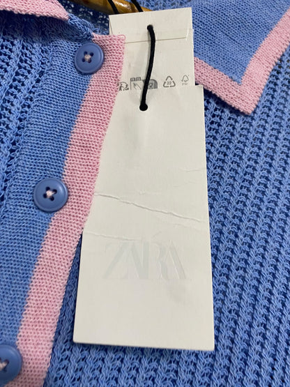 ZARA |M| BUST 22| A63| BLUE AND PINK CONTRAST-TRIM TECHNICAL UTILITY POLO CARDIGAN