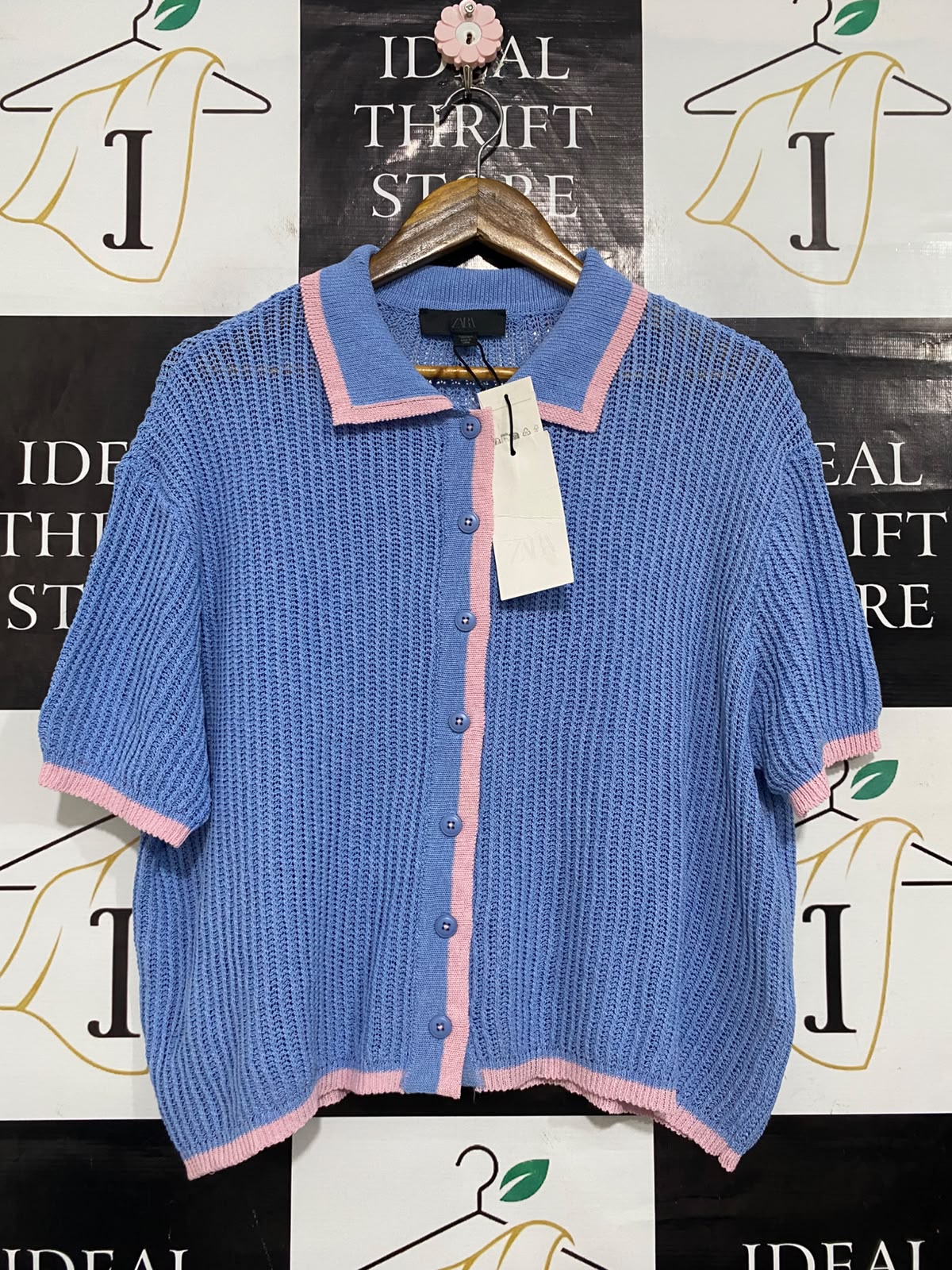 ZARA |M| BUST 22| A63| BLUE AND PINK CONTRAST-TRIM TECHNICAL UTILITY POLO CARDIGAN