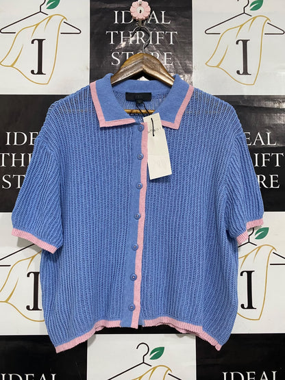 ZARA |M| BUST 22| A63| BLUE AND PINK CONTRAST-TRIM TECHNICAL UTILITY POLO CARDIGAN