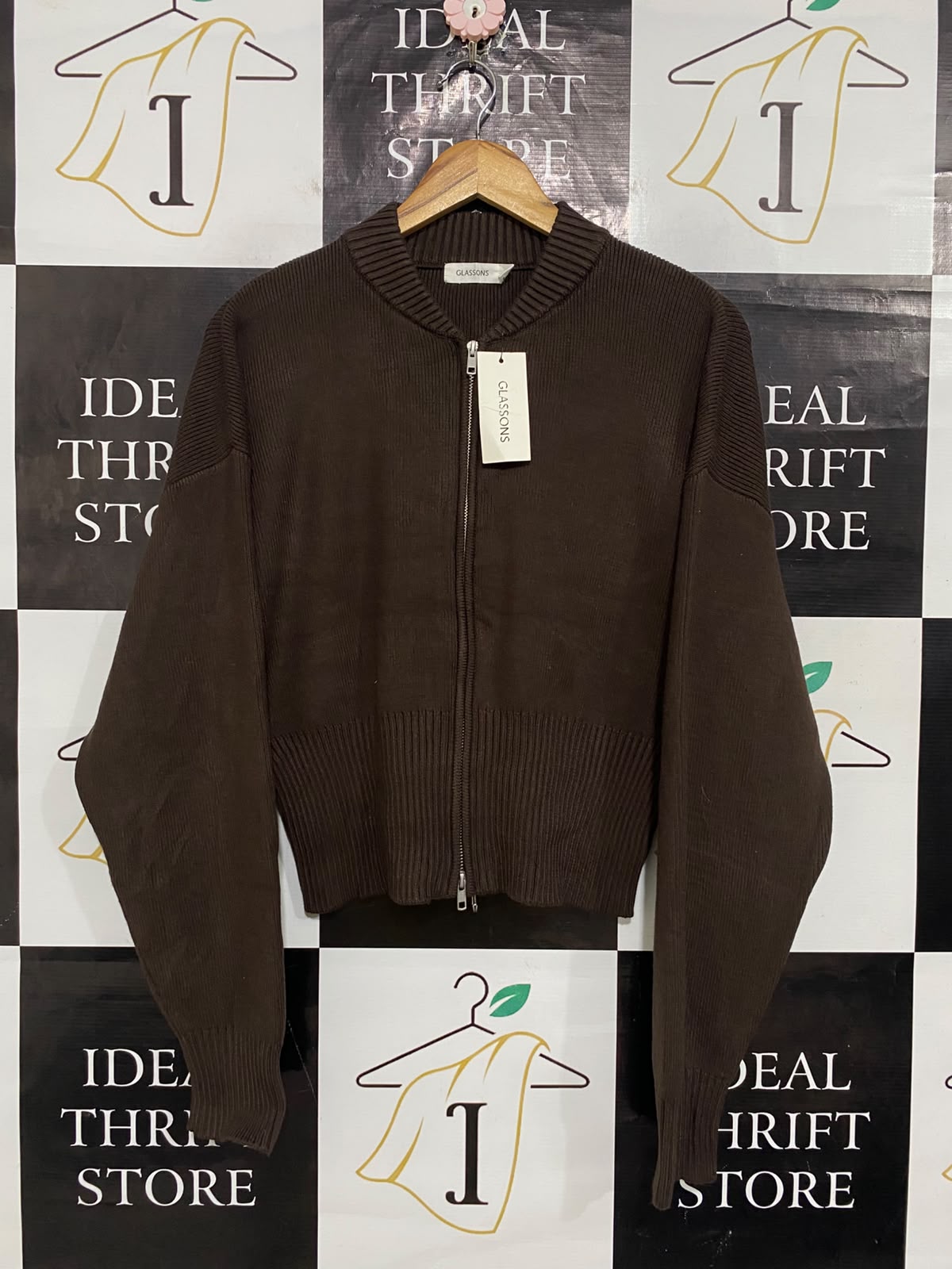 GLASSONS |L| BUST 20| A63| BROWN RIBBED ZIP-UP TECHNICAL UTILITY BOMBER CARDIGAN