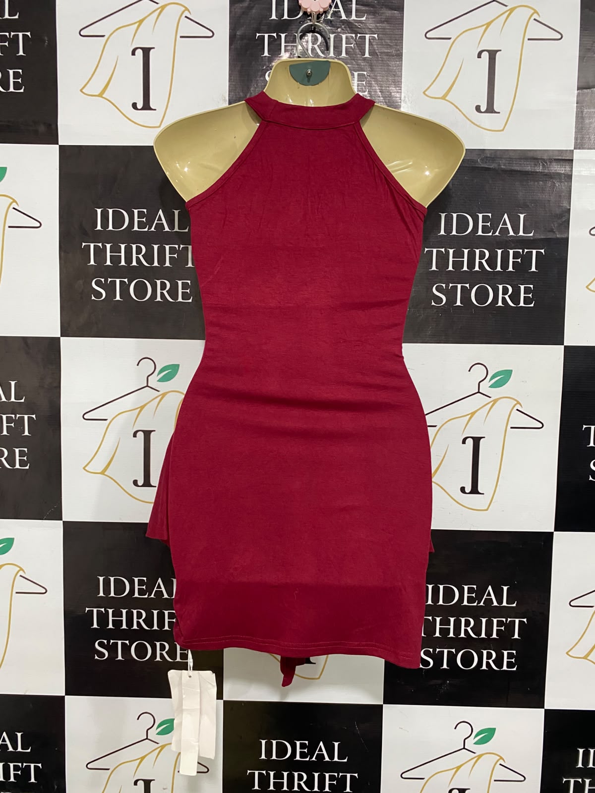 |S| BUST 15| A63| BURGUNDY CROSS-CUTOUT KNOT-DETAIL TECHNICAL UTILITY DRESS